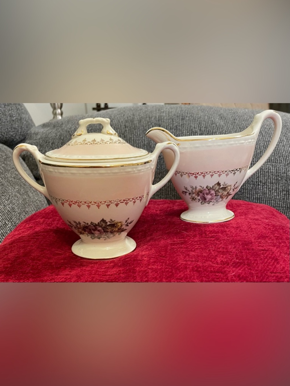 Vintage Floral Porcelain Creamer and Sugar Bowl Set in Pink and Gold